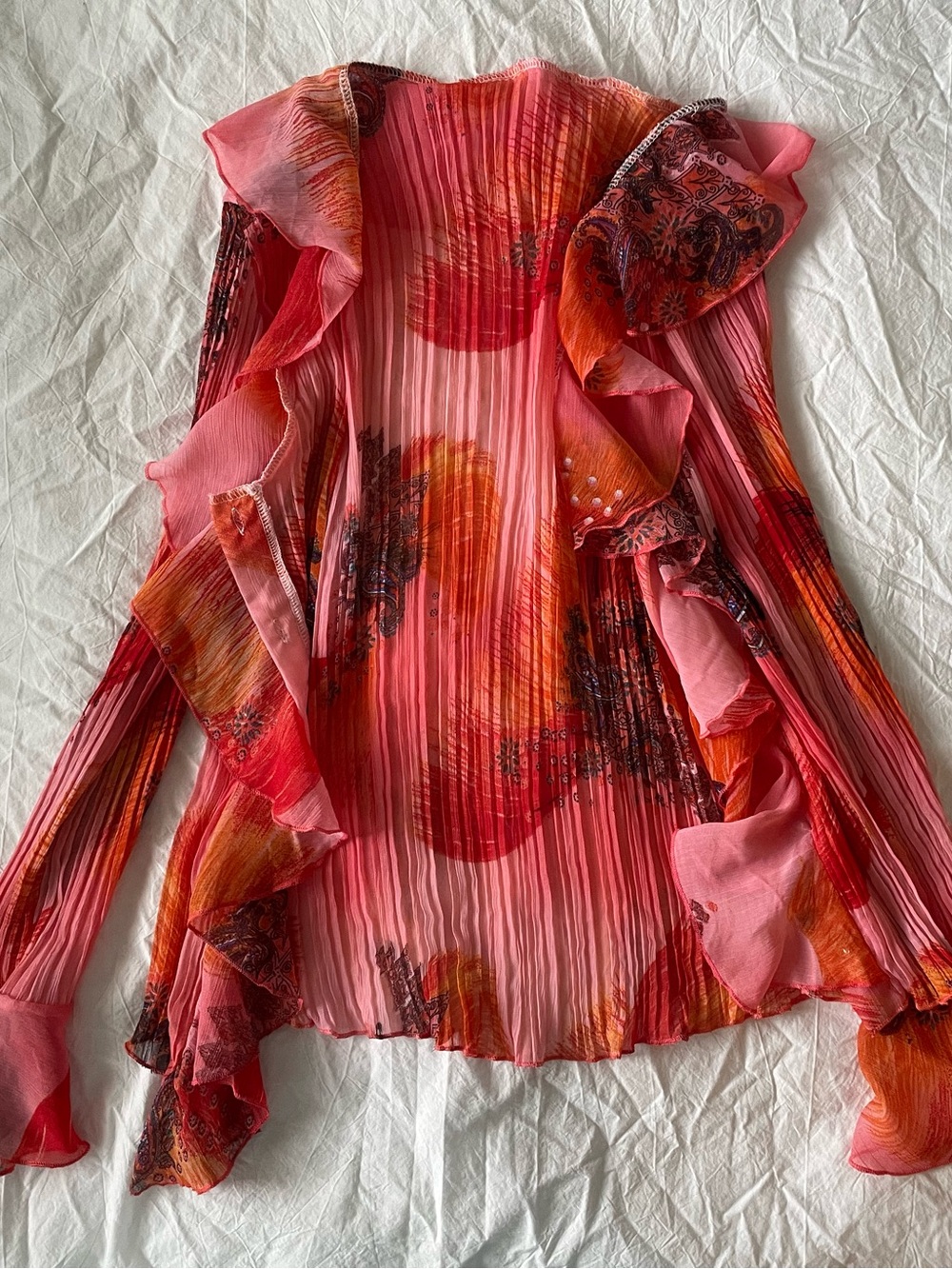 Ruffled Pink-Red Sheer Blouse with Floral Accents - Picture 4 of 4